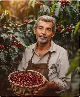 Coffee farmer holding freshly harvested cherries