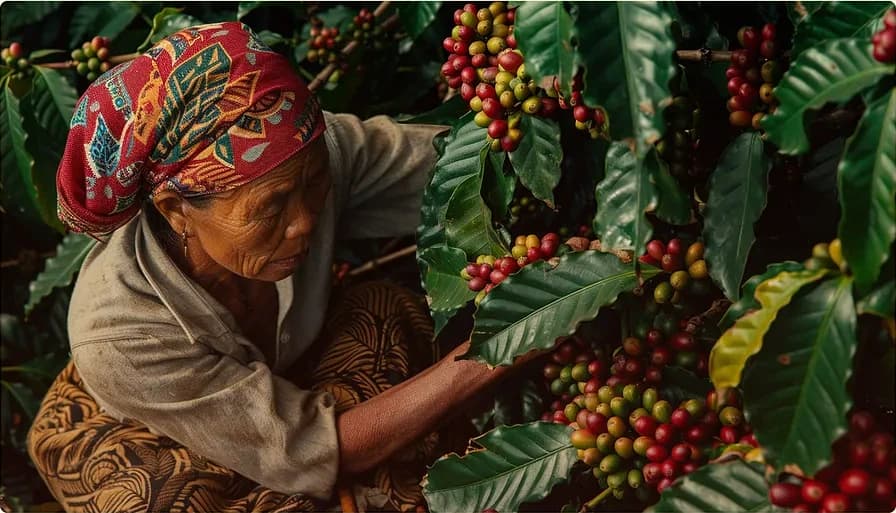 A coffee grower harvesting ripe coffee cherries